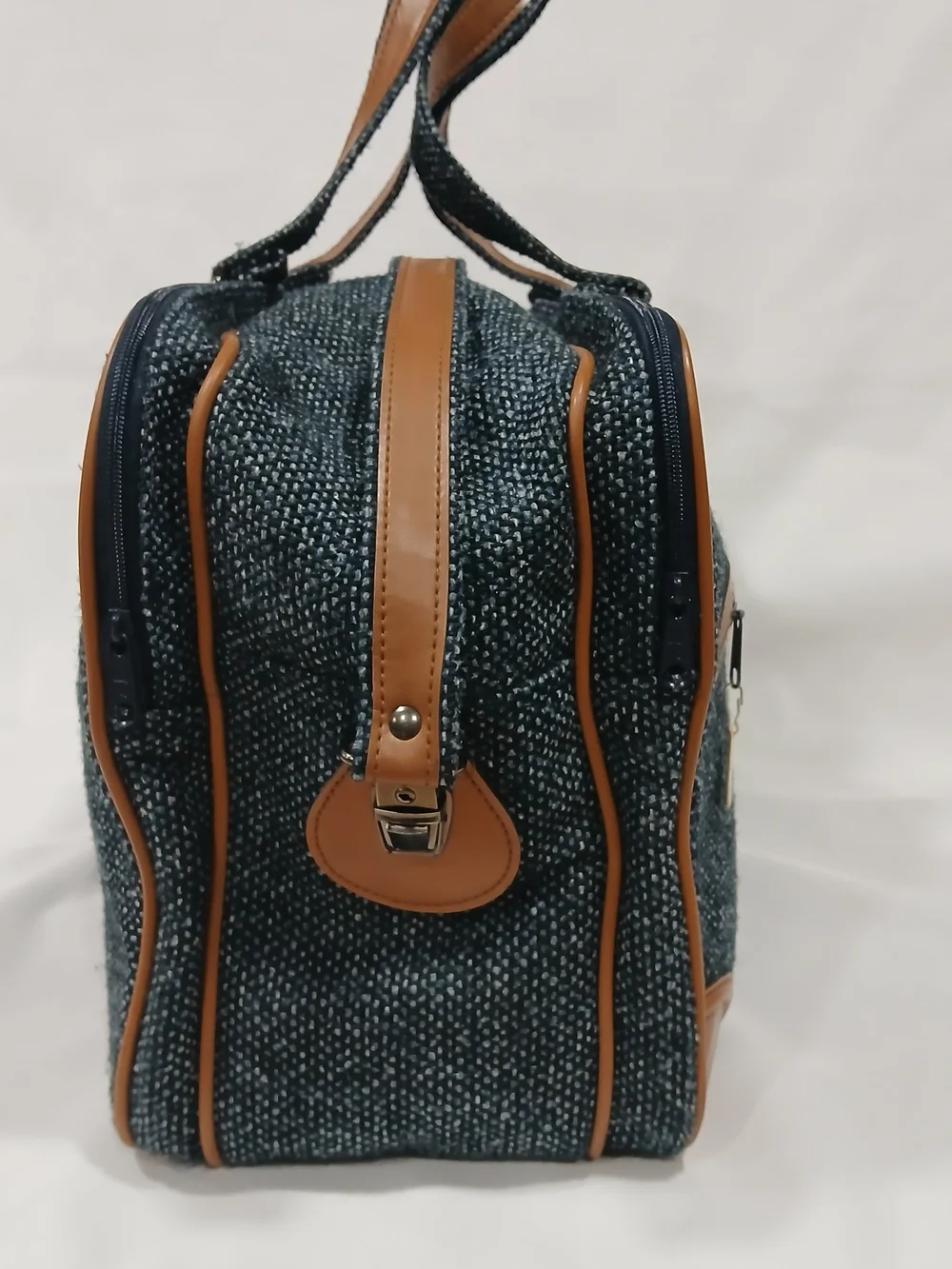 Vintage Pierre Cardin Tweed Weekender Duffel Travel Bag Blue Tan Leather Trim